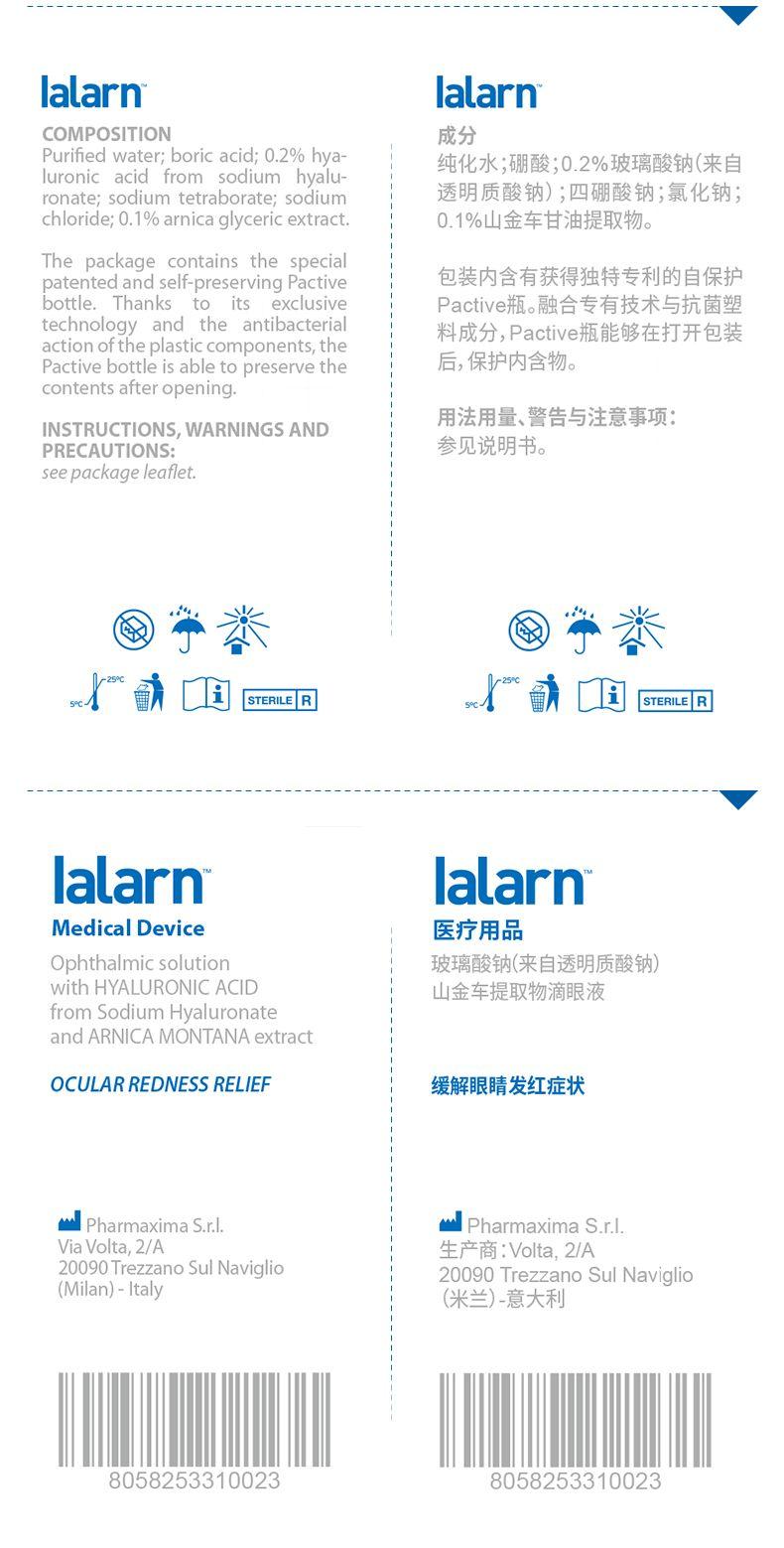 la larn la larn COMPOSITION 成分 Purified water; boric acid; 0.2%hya- 纯化水;硼酸;0.2%玻璃酸钠(来自 lur on ic acid from sodium h yalu- ron ate; sodium tetra borate; sodium 透明质酸钠);四硼酸钠;氯化钠; chloride; 0.1%arnica gly c eric extract. 0.1%山金车甘油提取物。 The package contains the special patented and self-preserving P active 包装内含有获得独特专利的自保护 bottle. Thanks to its exclusive P active瓶。融合专有技术与抗菌塑 technology and the antibacterial 料成分, P active瓶能够在打开包装 action of the plastic components, the P active bottle is able to preserve the 后,保护内含物。 contents after opening. 用法用量、警告与注意事项: INSTRUCTIONS, WARNINGS AND PRECAUTIONS: 参见说明书。 see package leaflet. @宁举 宁 129 面 i STERILE R / sr STERILE R la larn la larn Medical Device 医疗用品 Ophthalmic solution 玻璃酸钠(来自透明质酸钠) with HYALURONIC ACID 山金车提取物滴眼液 from Sodium Hyaluronate and ARNICA MONTANA extract OCULAR REDNESS RELIEF 缓解眼睛发红症状 Pharm axim aS... Pharm axim aS.r.I. Via Volta, 2/A 生产商:Volta, 2/A 20090TrezzanoSul Naviglio 20090TrezzanoSul Naviglio (Milan) -Italy (米兰)-意大利 8058253310023 8058253310023 