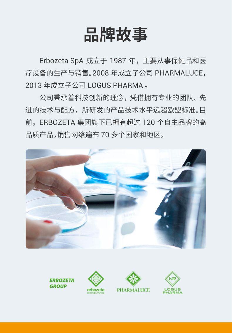 品牌故事 Erb o zeta SpA成立于1987年, 主要从事保健品和医 疗设备的生产与销售。2008年成立子公司PHARMA LUCE, 2013年成立子公司LOG US PHARMA。 公司秉承着科技创新的理念,凭借拥有专业的团队、先 进的技术与配方,所研发的产品技术水平远超欧盟标准。目 前, ERB O ZETA集团旗下已拥有超过120个自主品牌的高 品质产品,销售网络遍布70多个国家和地区。 ERB O ZETA * MR GROUP erb o zeta PHARMA LU ICE LOG US. SGA KWAN PHARMA 