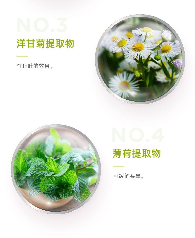 NO 洋甘菊提取物 有止吐的效果。 NC 薄荷提取物 可缓解头晕。 