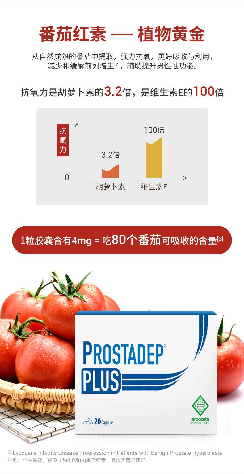 番茄红素一 一植物黄金 从自然成熟的番茄中提取,强力抗氧,更好吸收与利用, 减少和缓解前列增生2],辅助提升男性性功能。 抗氧力是胡萝卜素的3.2倍,是维生素E的100倍 抗氧力 100倍 3.2倍 0 胡萝卜素 维生素E 1粒胶囊含有4mg=吃80个番茄可吸收的含量B PROSTA DEP PLUS 20aosue erb o zeta EG49FE :Lycopene Inhibits Disease Progression in Patients with Benign Prostate Hyperplasia 日:吃一个生番茄,能吸收约0.05mg番茄红素,具体因情况而异 