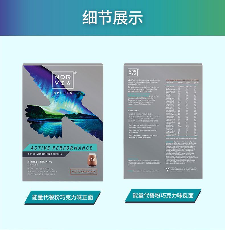 细节展示 @ NOR NOR VIA VIA bw work pe SPORTS 一 USA LEG UGA AOE: FOR LON OH Y DD Tate ACTIVE PERFORMANCE TOTAL NUTRITION FORMULA x10 FITNESS TRAINING SHAKES PLANT·BASED PROTEIN, FIBRES ESSENTIAL FATS. ARCTIC CHOCOLATE TON :25VITAHINSS MINERALS 能量代餐粉巧克力味正面 能量代餐粉巧克力味反面 
