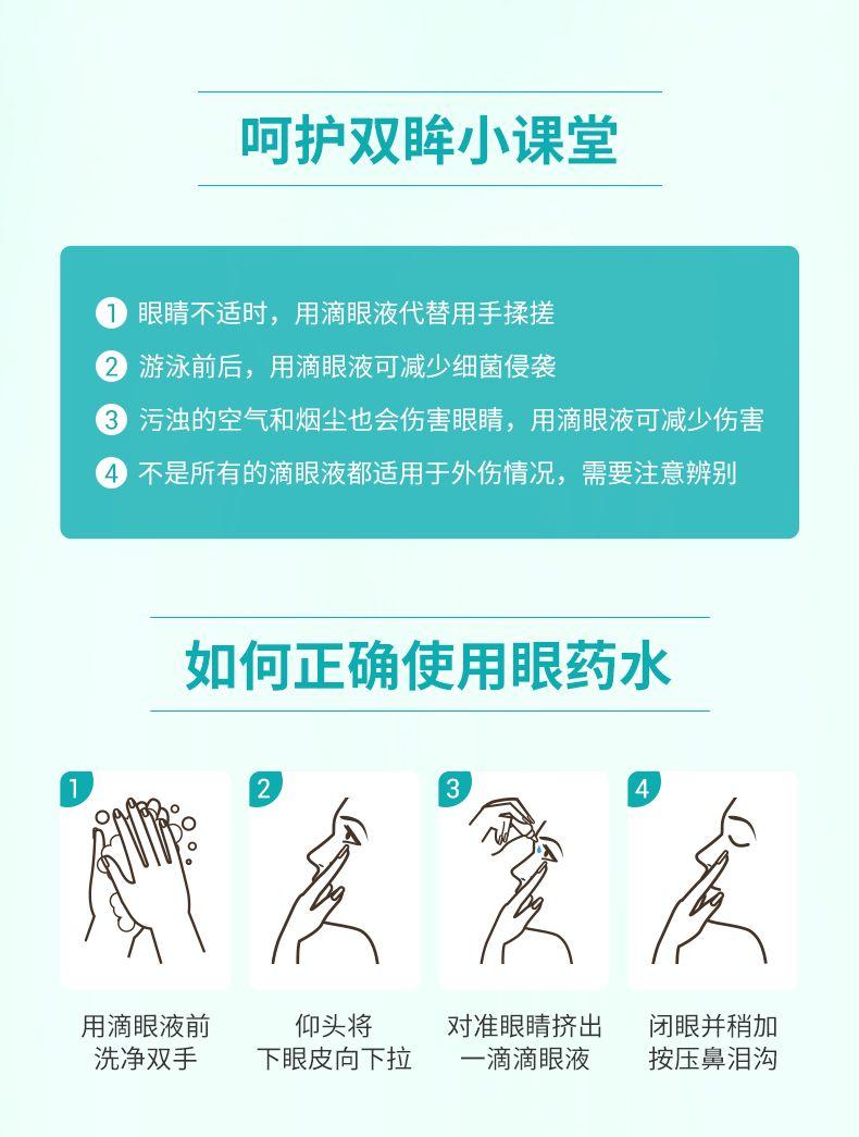 呵护双眸小课堂 眼睛不适时,用滴眼液代替用手揉搓 ② 游泳前后,用滴眼液可减少细菌侵袭 污浊的空气和烟尘也会伤害眼睛,用滴眼液可减少伤害 不是所有的滴眼液都适用于外伤情况,需要注意辨别 如何正确使用眼药水 2 3 4 o 用滴眼液前 仰头将 对准眼睛挤出 闭眼并稍加 洗净双手 卡的头将拉对 下眼皮向下拉 一滴滴眼液 按压鼻泪沟 