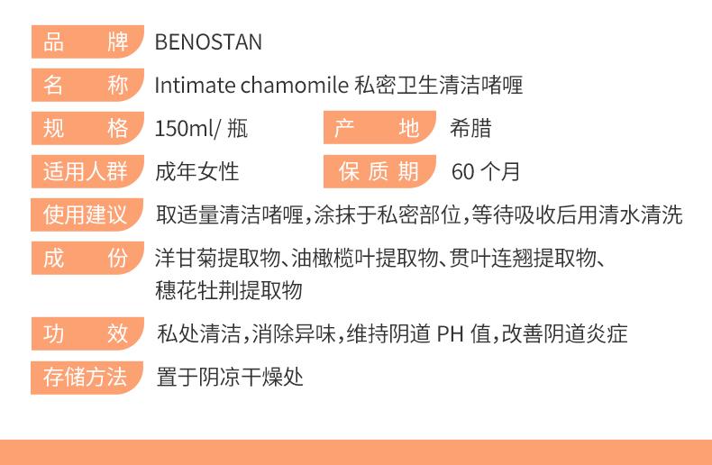 品 牌 BE NO STAN 名 称 Intimate chamomile私密卫生清洁啫喱 规 格 150ml/瓶 产 地 希腊 适用人群 成年女性 保质期 60个月 使用建议 取适量清洁啫喱，涂抹于私密部位，等待吸收后用清水清洗 成 份 洋甘菊提取物、油橄榄叶提取物、贯叶连翘提取物、 穗花牡荆提取物 功 效 私处清洁，消除异味，维持阴道PH值，改善阴道炎症 存储方法 置于阴凉干燥处 