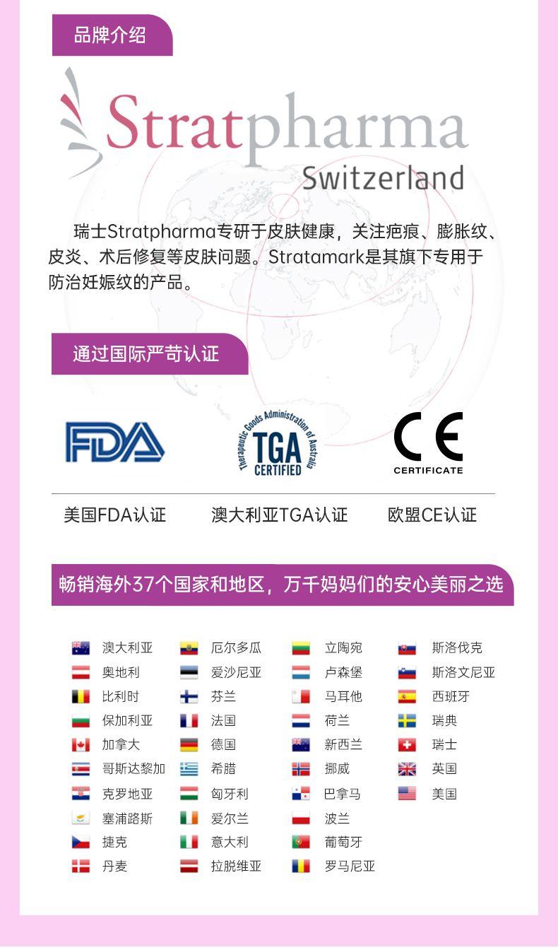 品牌介绍 Strat phar na Switzerland 瑞士Strat pharma专研于皮肤健康, 关注疤痕、膨胀纹、 皮炎、术后修复等皮肤问题。Strata mark是其旗下专用于 防治妊娠纹的产品。 通过国际严苛认证 FDA TGA CE CERTIFIED CERTIFICATE 美国FDA认证 澳大利亚TGA认证 欧盟CE认证 畅销海外37个国家和地区,万千妈妈们的安心美丽之选 澳大利亚 厄尔多瓜 立陶宛 斯洛伐克 奥地利 爱沙尼亚 卢森堡 斯洛文尼亚 比利时 十 芬兰 马耳他 士米 西班牙 一 保加利亚 法国 荷兰 瑞典 ll 加拿大 德国 新西兰 瑞士 三 哥斯达黎加 希腊 挪威 英国 克罗地亚 匈牙利 巴拿马 美国 塞浦路斯 爱尔兰 波兰 捷克 :丹麦 意大利 葡萄牙 拉脱维亚 罗马尼亚 
