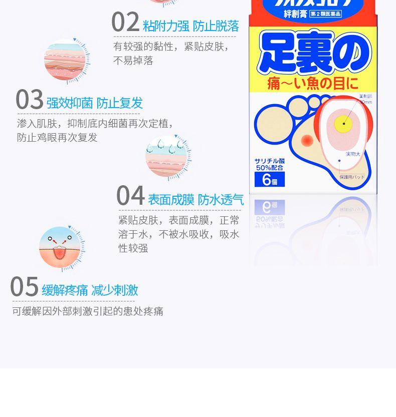 創膏第2颗医薬品 02 粘附力强防止脱落 有较强的黏性,紧贴皮肤, 不易掉落 足裏@ 痛~魚D目I 03 强效抑菌防止复发 利 渗入肌肤,抑制底内细菌再次定植, 防止鸡眼再次复发 実物大 甘丁千儿酸 50%配合 T mj 6 保用/ 04表面成膜防水透气 紧贴皮肤,表面成膜,正常 20x0盛号 an a iN 溶于水,不被水吸收,吸水 性较强 pum 05 缓解疼痛减少刺激 可缓解因外部刺激引起的患处疼痛 