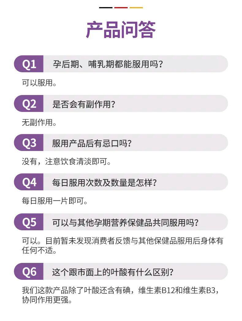 产品问答 Q1 孕后期、哺乳期都能服用吗? 可以服用。 Q2 是否会有副作用? 无副作用。 Q3 服用产品后有忌口吗? 没有,注意饮食清淡即可。 Q4 每日服用次数及数量是怎样? 每日服用一片即可。 Q5 可以与其他孕期营养保健品共同服用吗? 可以。目前暂未发现消费者反馈与其他保健品服用后身体有 任何不适。 Q6 这个跟市面上的叶酸有什么区别? 我们这款产品除了叶酸还含有碘,维生素B12和维生素B3, 协同作用更强。 