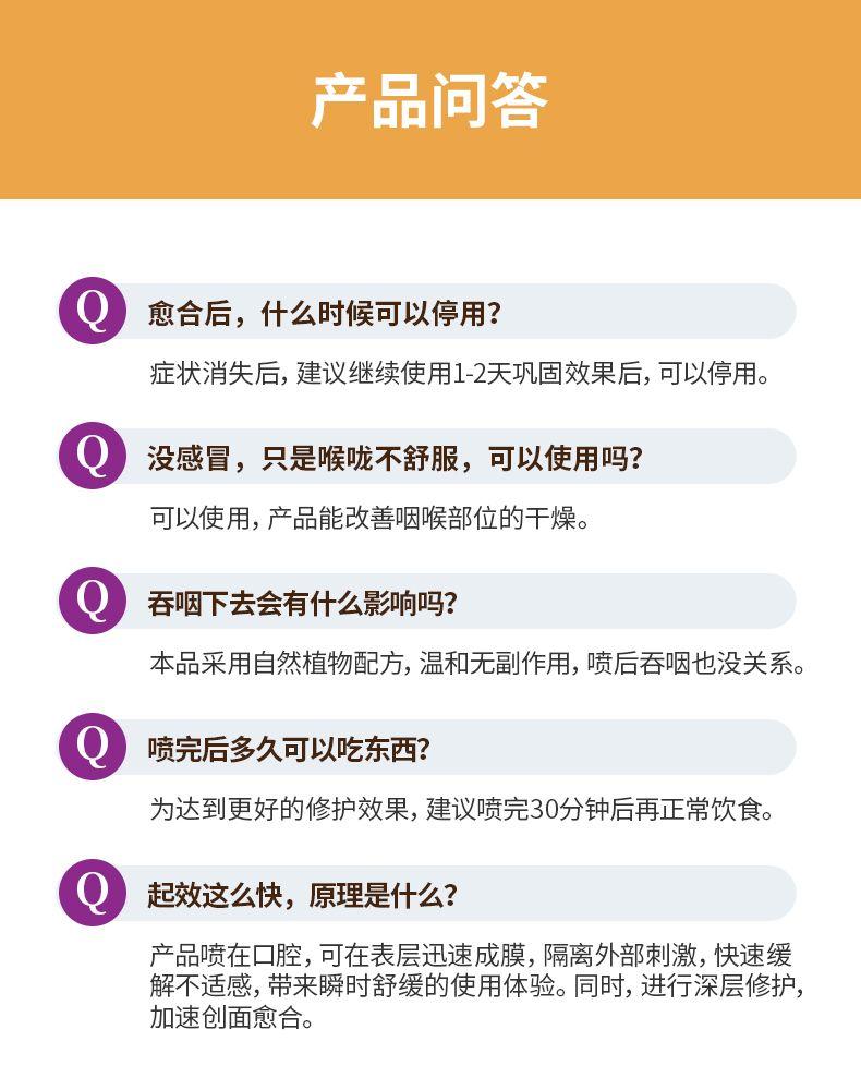 产品问答 愈合后,什么时候可以停用? 症状消失后,建议继续使用1-2天巩固效果后,可以停用。 没感冒,只是喉咙不舒服,可以使用吗? 可以使用,产品能改善咽喉部位的干燥。 吞咽下去会有什么影响吗? 本品采用自然植物配方,温和无副作用,喷后吞咽也没关系。 喷完后多久可以吃东西? 为达到更好的修护效果,建议喷完30分钟后再正常饮食。 起效这么快,原理是什么? 产品喷在口腔,可在表层迅速成膜,隔离外部刺激,快速缓 解不适感,带来瞬时舒缓的使用体验。同时,进行深层修护, 加速创面愈合。 