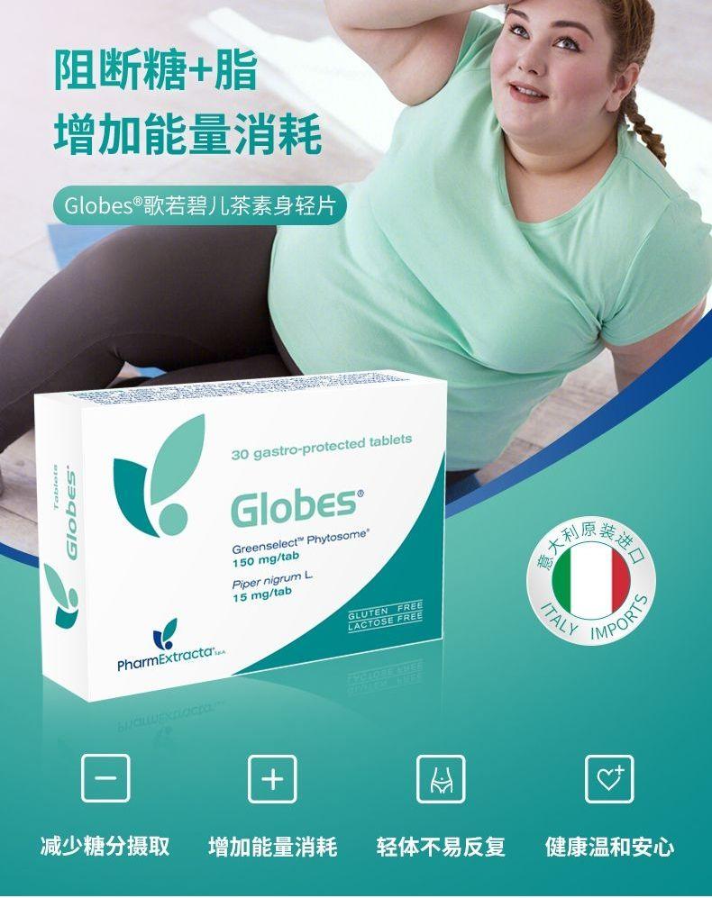 阻断糖+脂 增加能量消耗 Globes°歌若碧儿茶素身轻片 30gastro-protected tablets Globes m@ Green select"Phyto some* 利原 进口 150mg/tab Piper nigrum L 15mg/tab TAL Y MP OR Pharm Extract a han 减少糖分摄取 增加能量消耗 轻体不易反复 健康温和安心 