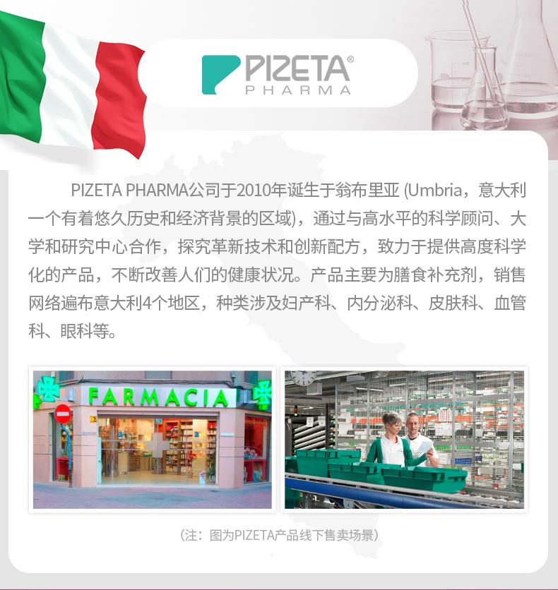 PI ZETA @ PHARMA PI ZETA PHARMA公司于2010年诞生于翁布里亚(Umbria， 意大利 一个有着悠久历史和经济背景的区域)，通过与高水平的科学顾问、大 学和研究中心合作，探究革新技术和创新配方，致力于提供高度科学 化的产品，不断改善人们的健康状况。产品主要为膳食补充剂，销售 网络遍布意大利4个地区，种类涉及妇产科、内分泌科、皮肤科、血管 科、眼科等。 FARMACIA心 工品 (注：图为PI ZETA产品线下售卖场景) 