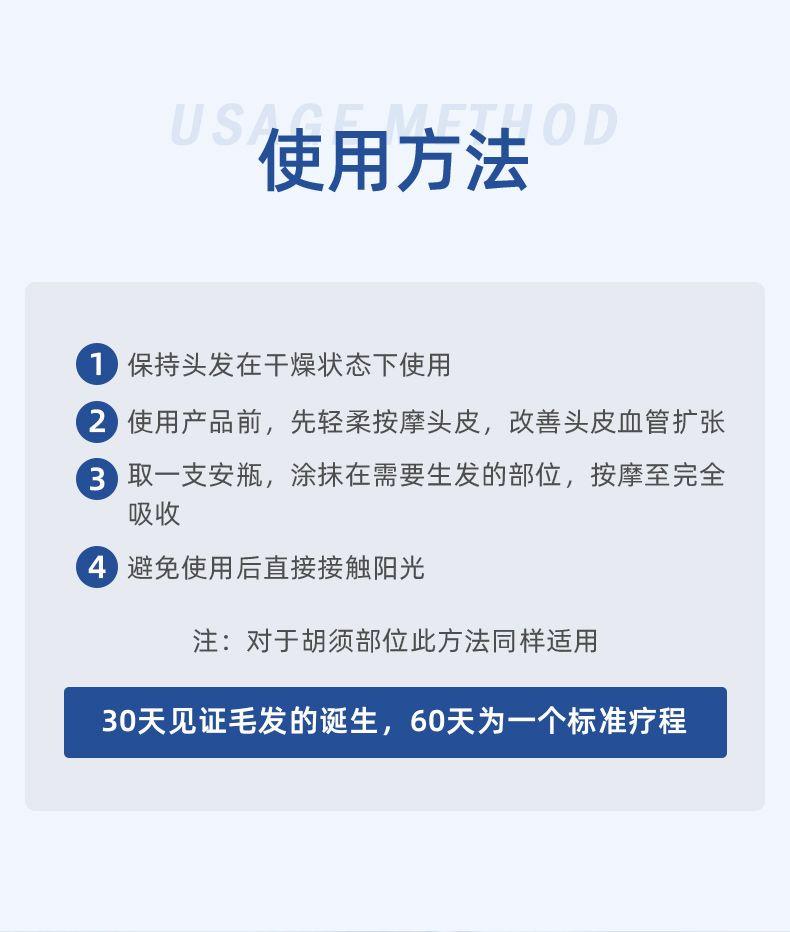 US A HOD 使用方法 保持头发在干燥状态下使用 ② 使用产品前,先轻柔按摩头皮,改善头皮血管扩张 3 取一支安瓶,涂抹在需要生发的部位,按摩至完全 吸收 4 避免使用后直接接触阳光 注:对于胡须部位此方法同样适用 30天见证毛发的诞生,60天为一个标准疗程 