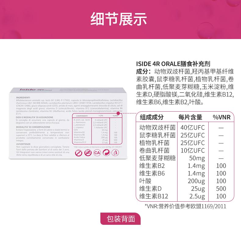 细节展示 ISIDE4RORALE膳食补充剂 成分：动物双歧杆菌，羟丙基甲基纤维 素胶囊，鼠李糖乳杆菌，植物乳杆菌，卷 曲乳杆菌，低聚麦芽糊糖，玉米淀粉，维 品品 22二 生素D，硬脂酸镁，二氧化硅，维生素B12， INGREDIENT I Bib do bacte riu 维生素B6，维生素B2，叶酸。 bow od. ...... COM SON NM TCPS DO SIE MODAL IT A'DIAS SUN ZION E 组成成分 每片含量 %VNR ......... m.1p MODAL IT A'DI CONSERV AZIONE spot us Evitar eT esposizione a font idicaloreosbalzitermicie 动物双歧杆菌 40亿UFC conserv are pre teri bil men tea temperature non superior i a 25℃La data di fine valid it as i rife risc eal 鼠李糖乳杆菌 25亿UFC prodottcorretamenteconse raton confezione integra. AV VERTE NZE 植物乳杆菌 25亿UFC Non super are la dose gio mali era consigli at a.Tenere CNR Valo er RrgUE1I6W 2011  fuori dalla port at adel bambini aldisottodel3anni Gl integrator in on van no intesicomesostituidiuna C @ cA 卷曲乳杆菌 10亿UFC det avara.equlbrataediunsanostle divi. 低聚麦芽糊糖 50mg 维生素B2 1.4mg 100 维生素B6 1.4mg 100 叶酸 200ug 100 维生素D 25ug 500 维生素B12 2.5ug 100 *VNR：营养价值参考欧盟1169/2011 包装背面 