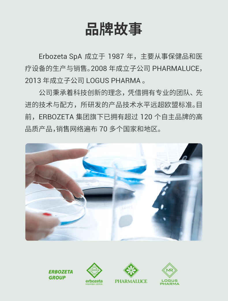 品牌故事 Erb o zeta SpA成立于1987年, 主要从事保健品和医 疗设备的生产与销售。2008年成立子公司PHARMA LUCE, 2013年成立子公司LOG US PHARMA。 公司秉承着科技创新的理念,凭借拥有专业的团队、先 进的技术与配方,所研发的产品技术水平远超欧盟标准。目 前, ERB O ZETA集团旗下已拥有超过120个自主品牌的高 品质产品,销售网络遍布70多个国家和地区。 ERB O ZETA * MR GROUP erb o zeta PHARM ALL KCE LOG US、 e rozet e PHARMA 