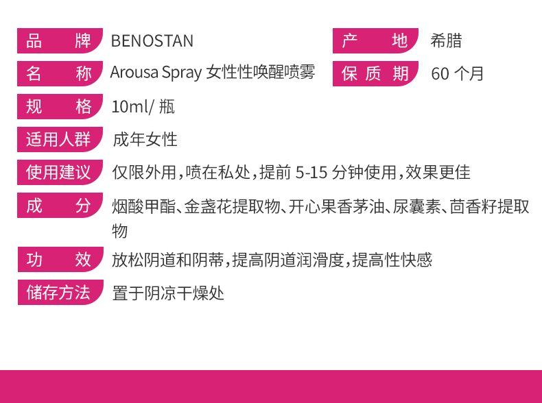 品 牌 BE NO STAN 产 地 希腊 名 称 Aro usa Spray女性性唤醒喷雾 保质期 60个月 规 格 10ml/瓶 适用人群 成年女性 使用建议 仅限外用,喷在私处,提前5-15分钟使用,效果更佳 成 分 烟酸甲酯、金盏花提取物、开心果香茅油、尿囊素、茴香籽提取 物 功 效 放松阴道和阴蒂,提高阴道润滑度,提高性快感 储存方法 置于阴凉干燥处 